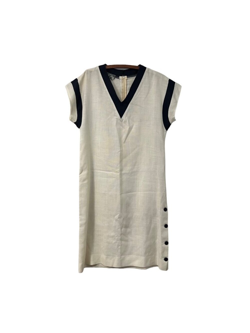 VTG Edith Flagg Ivory Navy Nautical Short Sleeve V Neck Midi Dress Size 14